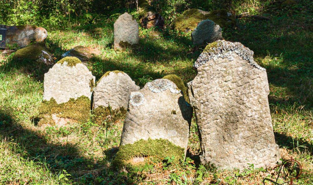 Umgestürzte und zerbrochene Grabsteine im Wald auf dem jüdischen Friedhof Pořejov