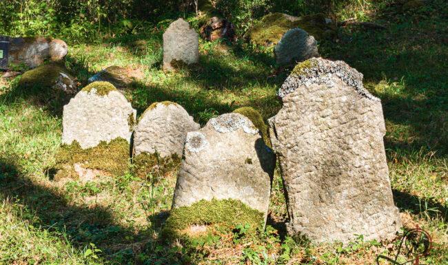 Umgestürzte und zerbrochene Grabsteine im Wald auf dem jüdischen Friedhof Pořejov