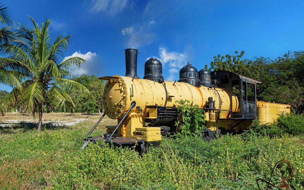 Steam Locomotive Barahona Dominikanische Republik gelbe Dampflok im Gras