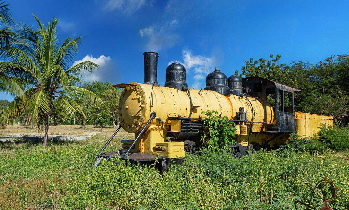 Steam Locomotive Barahona Dominikanische Republik gelbe Dampflok im Gras