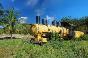 Steam Locomotive Barahona Dominikanische Republik gelbe Dampflok im Gras