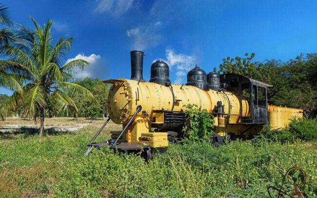 Steam Locomotive Barahona Dominikanische Republik gelbe Dampflok im Gras